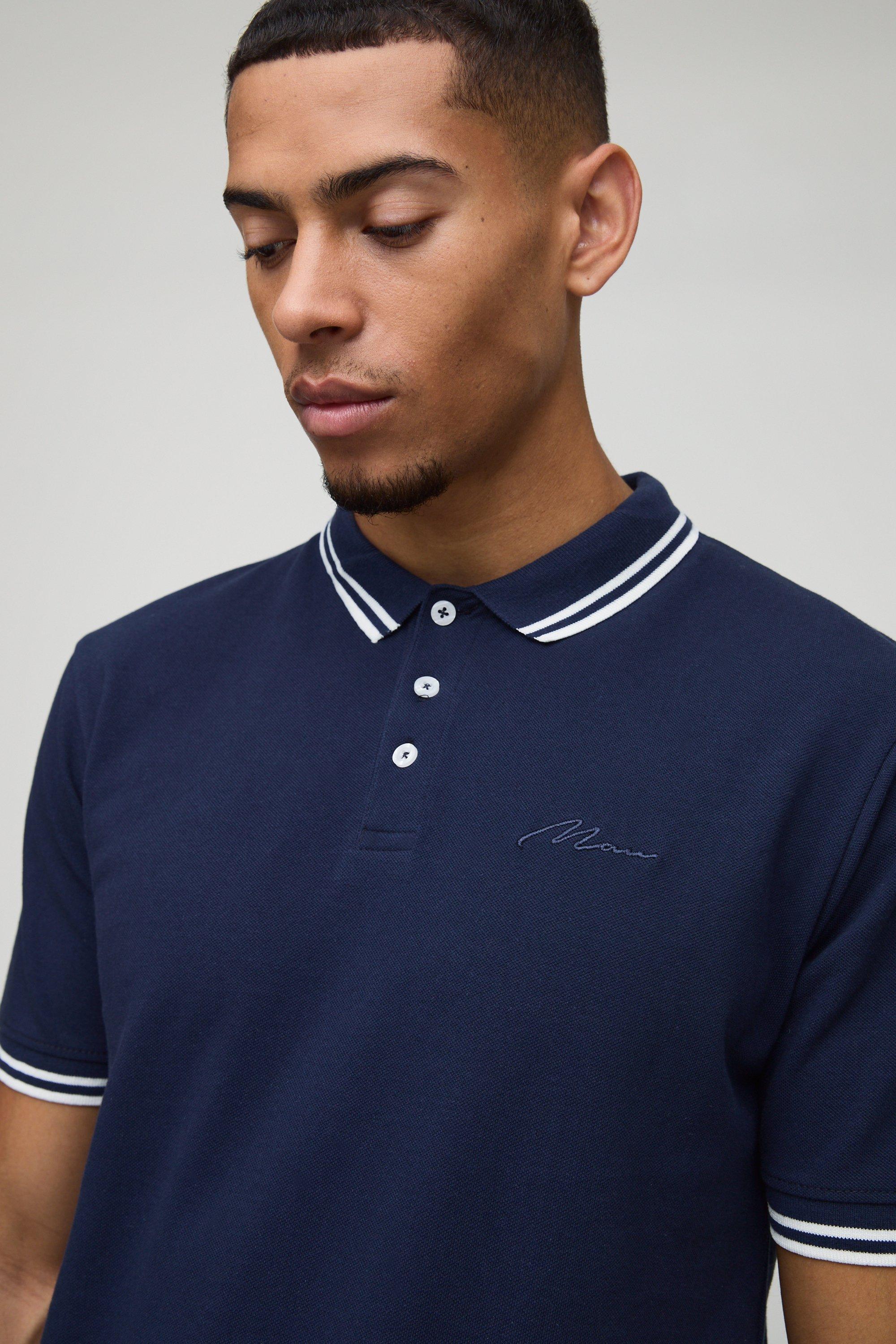 Slim Fit Man Signature Tipped Pique Polo | boohoo